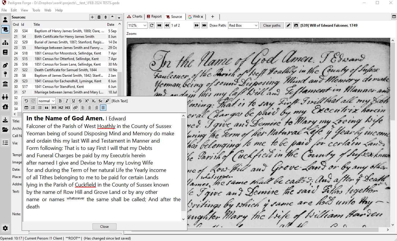 Built-in word processor for writing family history in Pedigree Forge