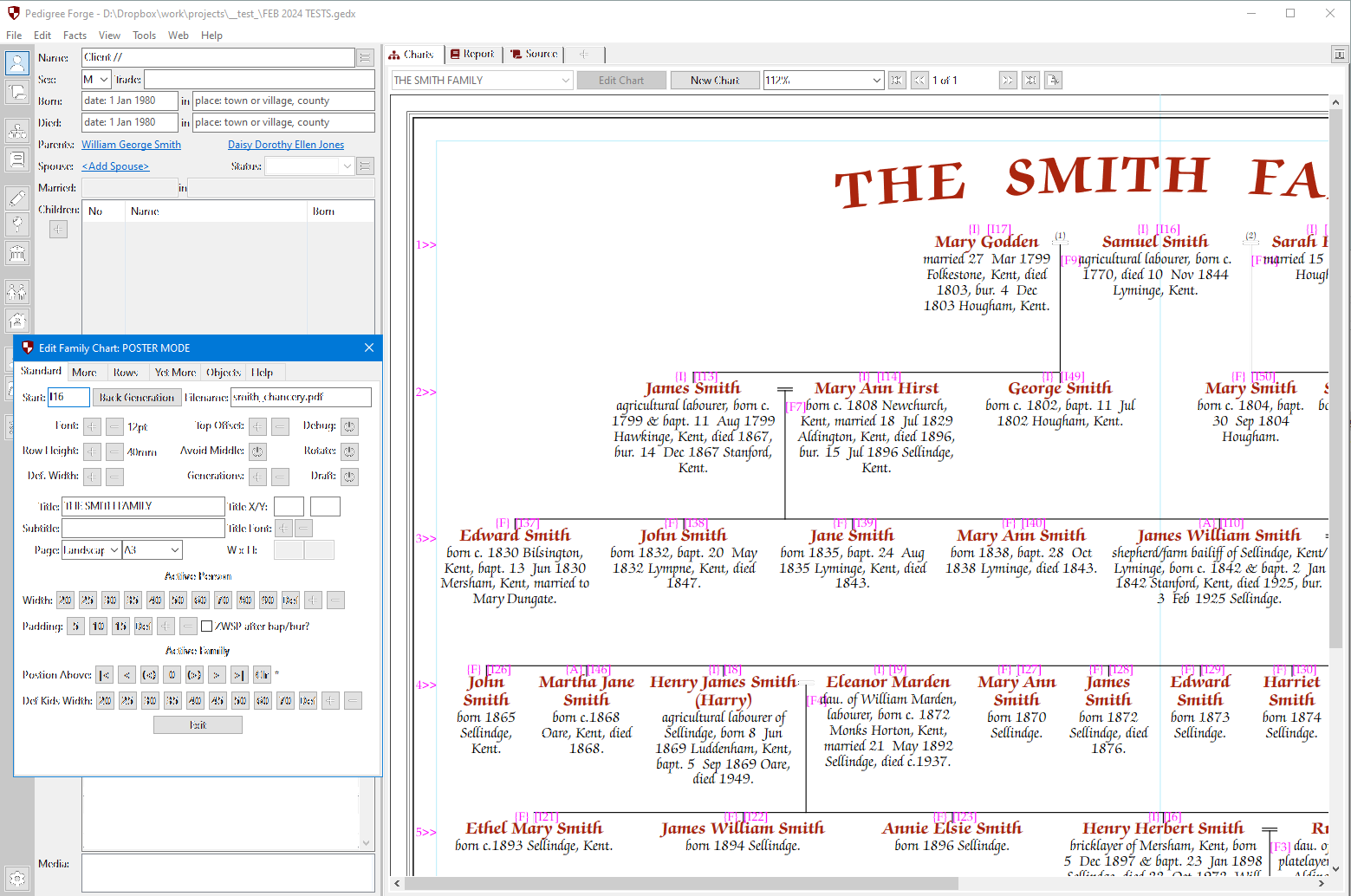 Genealogy software interface showing family tree charts and reports from Pedigree Forge