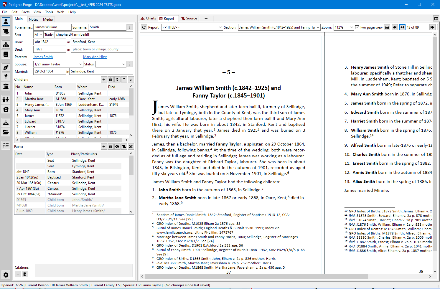 Genealogy software interface showing family tree charts and reports from Pedigree Forge