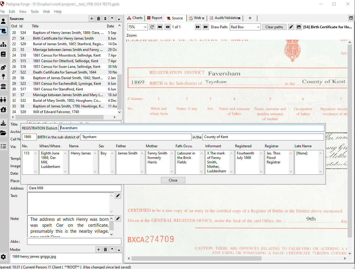 Source citation templates in Pedigree Forge